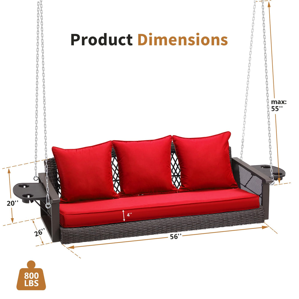 3 Seat Hanging Porch Swing with Cup Holder, Wicker Patio Swing Chair