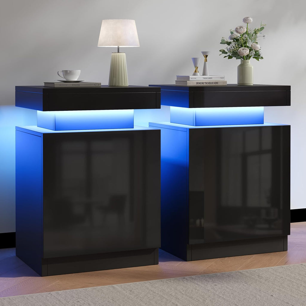 Nightstands Set 2, 15 Inches LED Night Stand Set of 2, Modern Bedside Table with LED Lights, High Gloss Surface, End