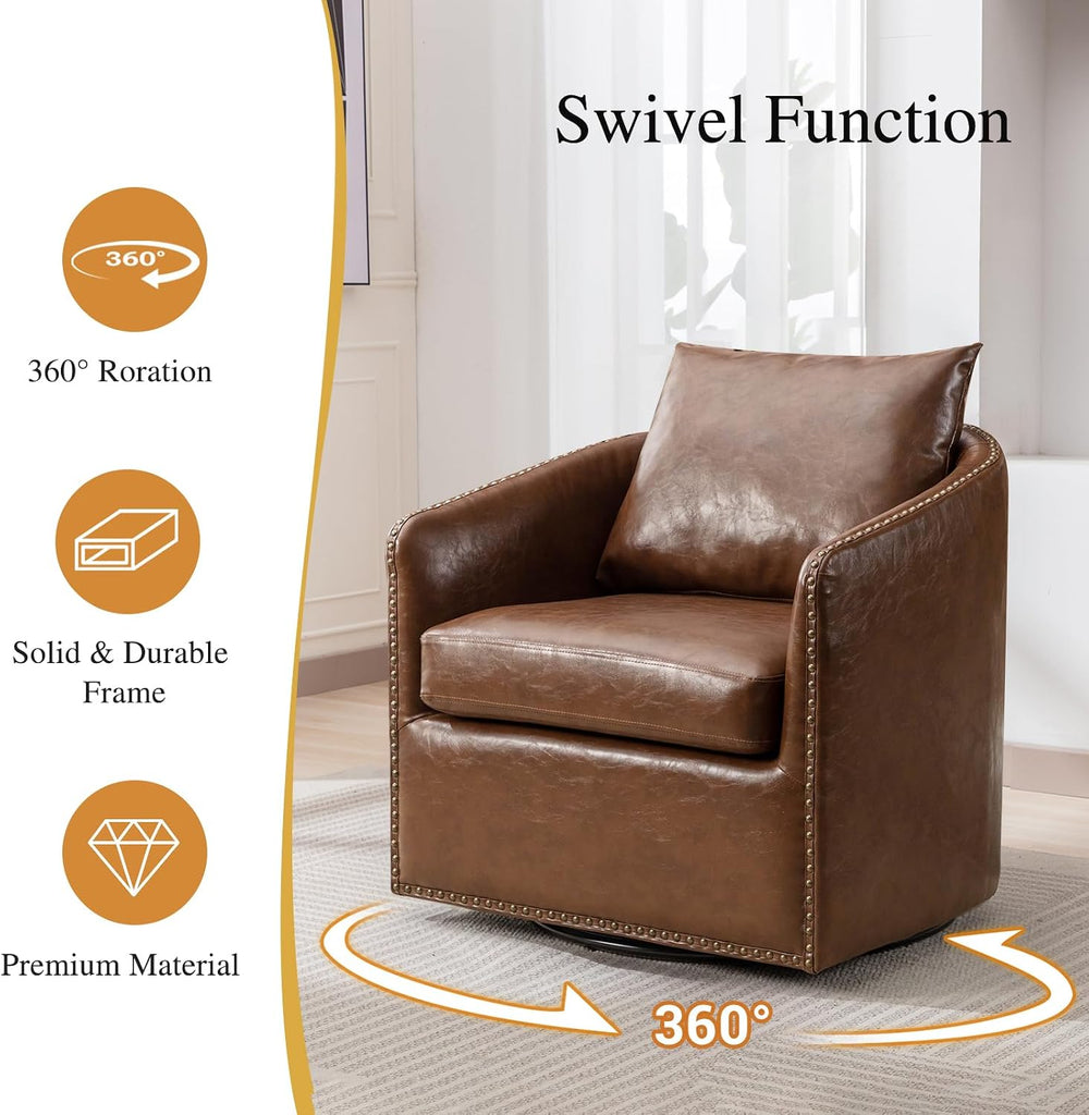 360 Degree Swivel Barrel Chair with Plump Back Pillow, Waterproof Oil Waxed PU Leather Swivel Armchair with Rivets