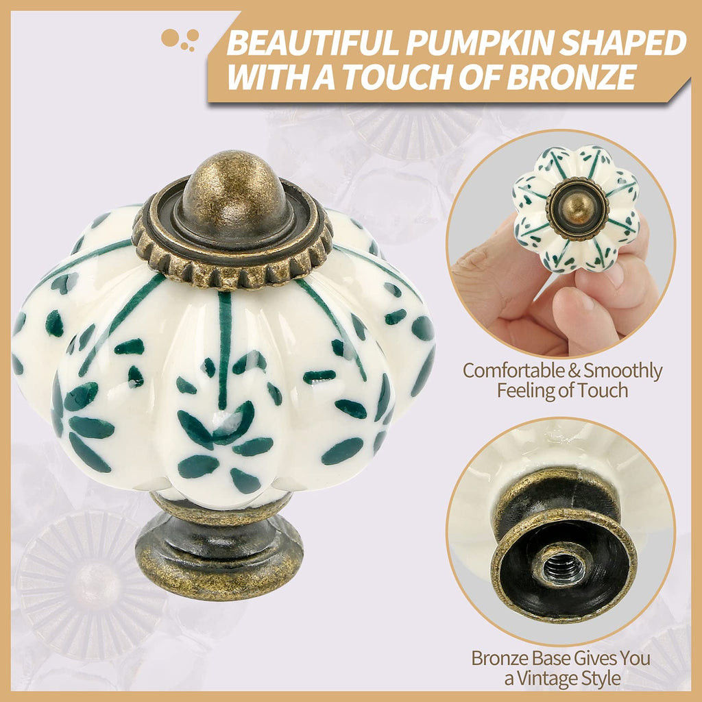 6pcs Ceramic Pumpkin Knobs - Green Flower