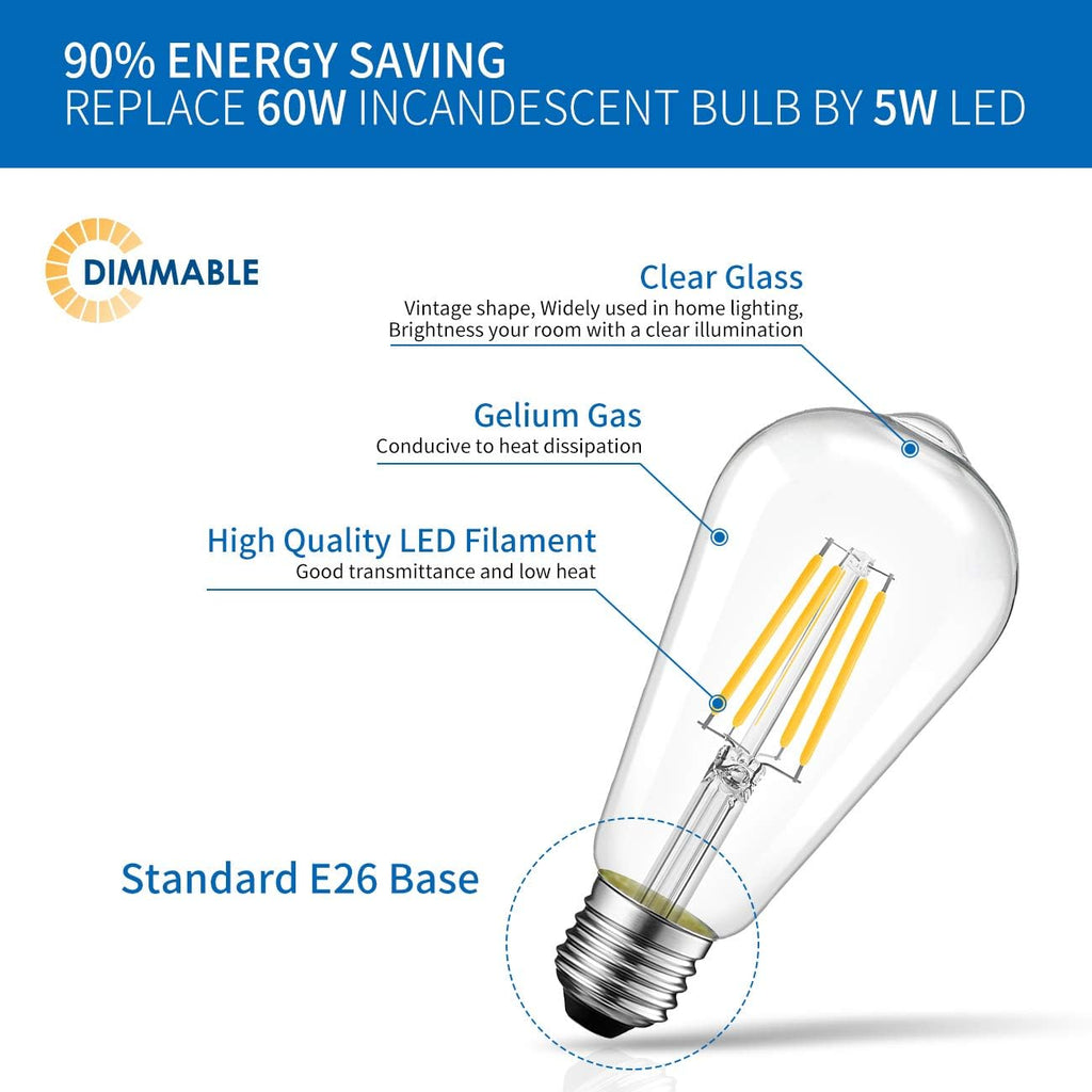 Clear ST21 LED Edison Light Bulb 5W=60W 500LM 2700K Warm White Bulb