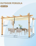 10x13 Ft Outdoor Pergola with Retractable Canopy Aluminum Gazebo Imitation Wood-Grain Post with Side Mesh