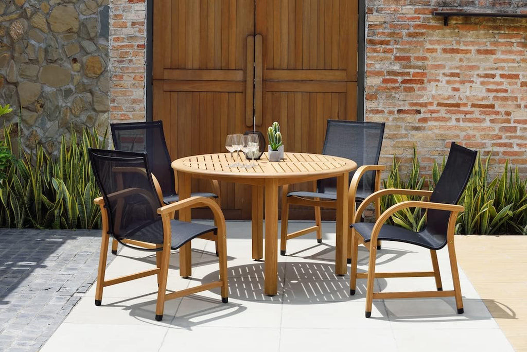 Adelaide Eucalyptus Patio Dining Set | Teak Finish | Durable and Ideal for Outdoors, Round 5-Piece