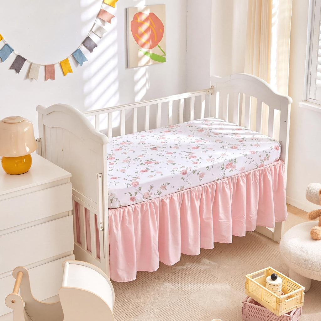 3 Pcs Pink Floral Crib Bedding Set for Baby Girls, Ruffle Design