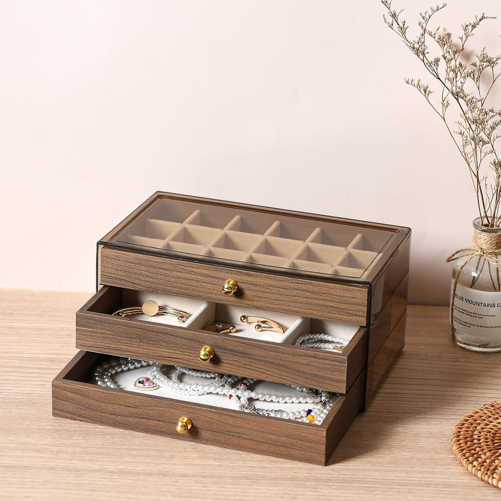 3 Layer Wooden Drawers Jewelry Box Vintage Style Jewelry Organizer with Acrylic Cover, Jewelry Storage Display Box