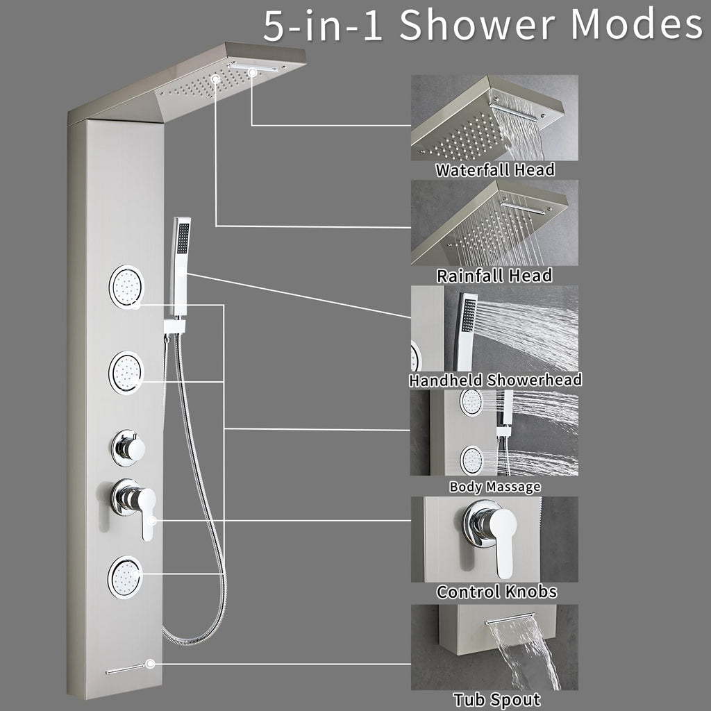 5-In-1Shower Panel Tower System-Brushed Gray