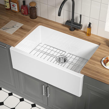 Self Trimming Farmhouse Sink 30 Inch, White Fireclay Kitchen Sink | Tall Apron Front 30"Wx20"Dx10"H , Heavy Duty,Farm