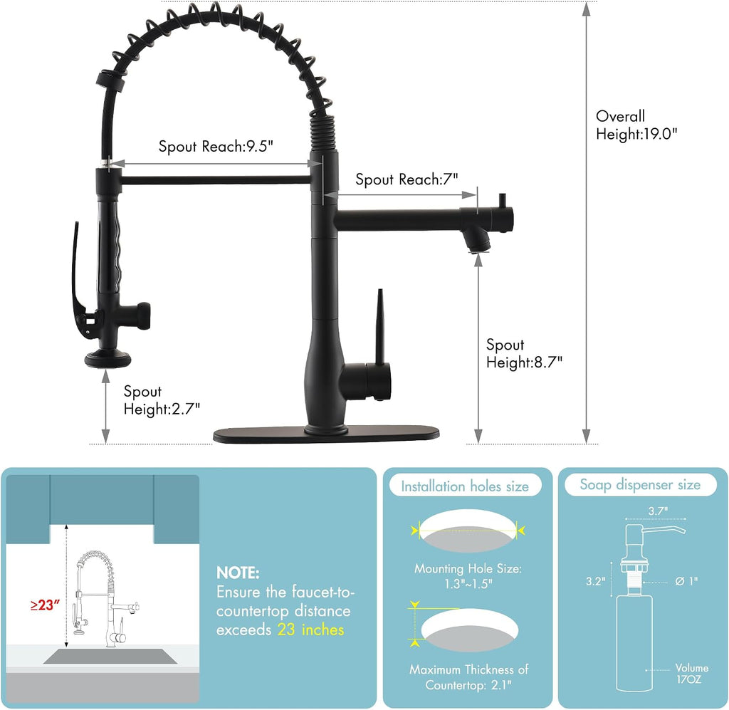 Matte Black Commercial Kitchen Faucet with Pull Down Sprayer | Soap Dispenser Included, Commercial Style, Double Head