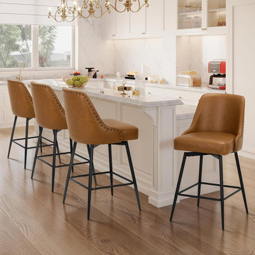 Bar Stools Set of 4, 26" Swivel Counter Height Chairs with Back,Thick Padded Seat & Footrest,Modern Faux Leather