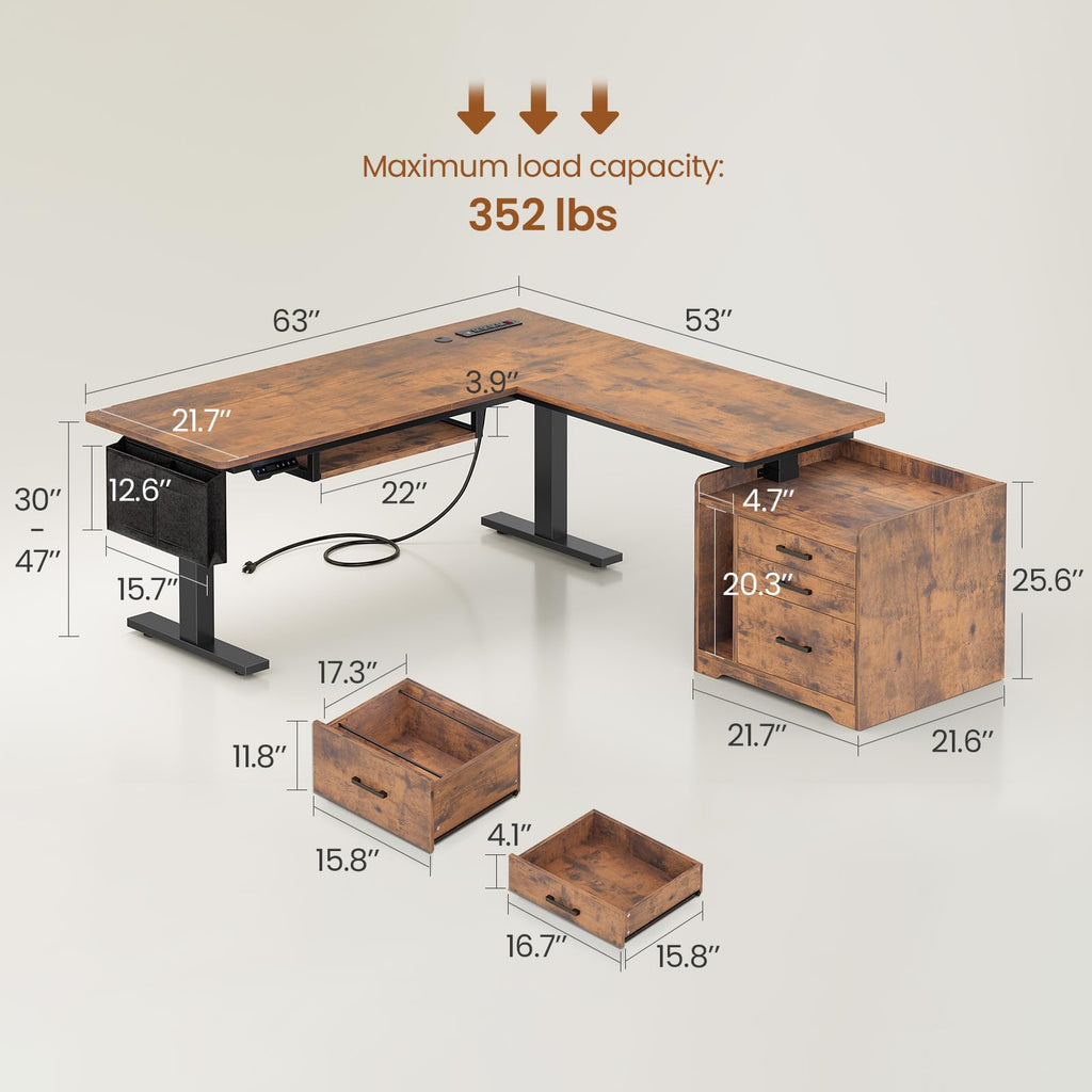 L Shaped Standing Desk with File Cabinet, 3 Drawers, Power Outlet