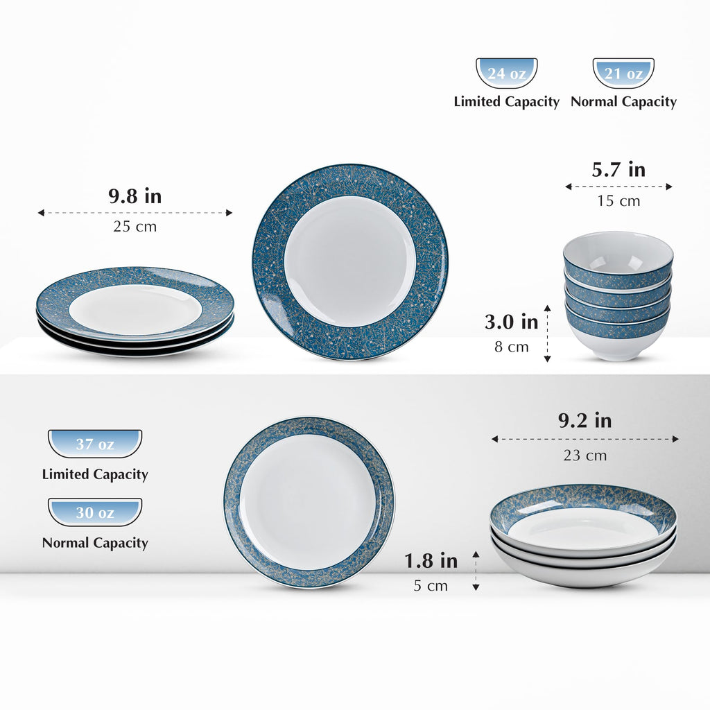 Long 12-PCS Porcelain Dinnerware Set, Plates, Bowls, Service for 4, Chip & Scratch Resistant, Oven Safe up to 482°F