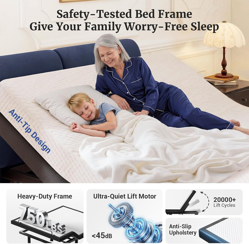 T600 Adjustable Bed Base with Massage & Remote, Syncable Split King Adjustable Bed Frame with Head & Foot Incline