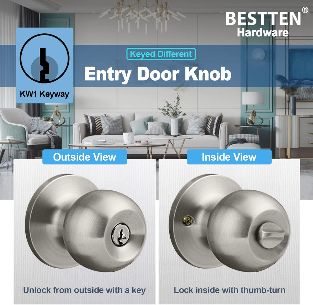 3 Pack Door Knob with Lock and Key, Keyed Different, Satin Nickel