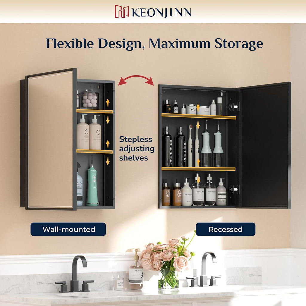 16" x 24" Bathroom Medicine Cabinet with Mirror, Black, Assembled | Adjustable Shelves, Aluminum Framed, Recessed or