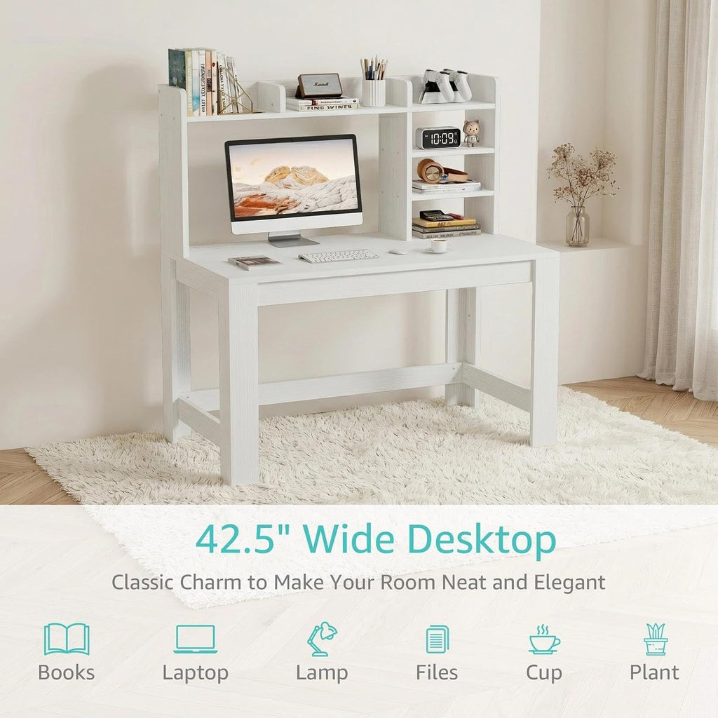 43" White Student Desk with Hutch and Built-in Power Outlet