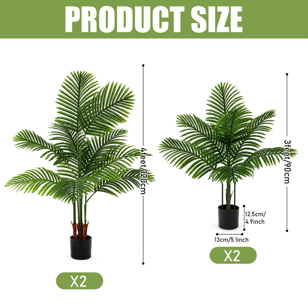 4 Pack Artificial Palm Trees 3Ft 4Ft, Fake Plants Fake Trees Artificial Areca Palm Plants for Outdoor Indoor Faux