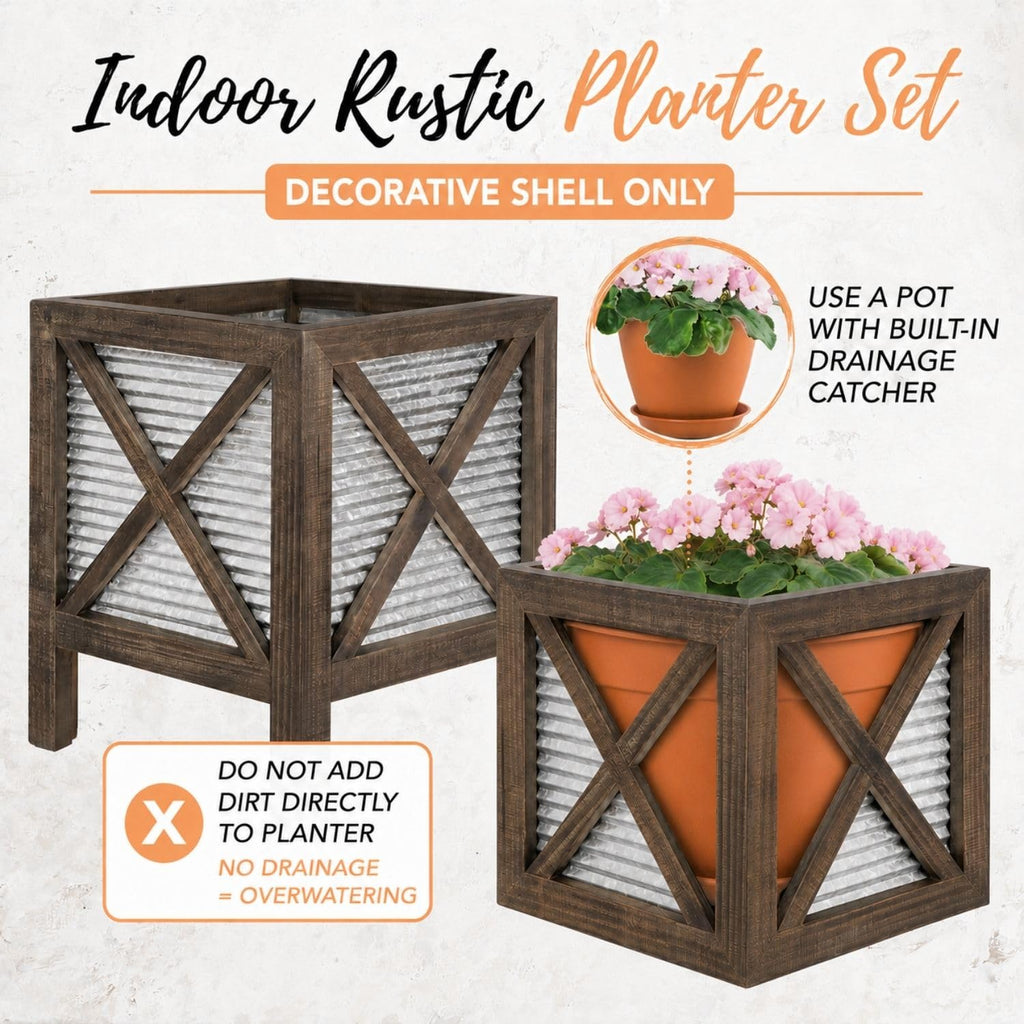 Front Porch Planters Set of 2, 15.7" & 10.2", Wood & Metal