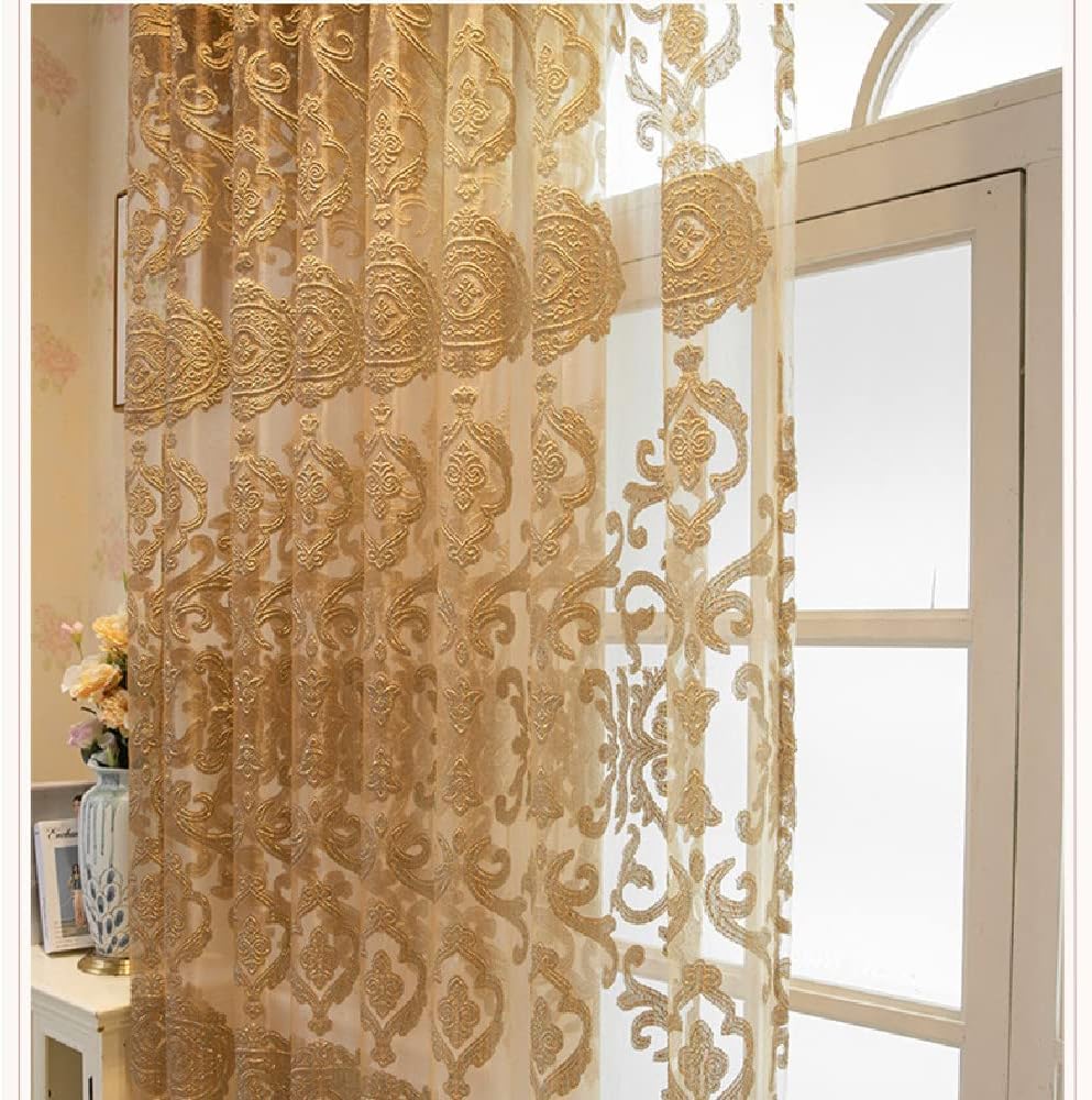 1 Pair Luxury European Sheer Curtains Hollow Embroidered Tulle Curtains for Bedroom Living Room (Gold,54x96 Inch)