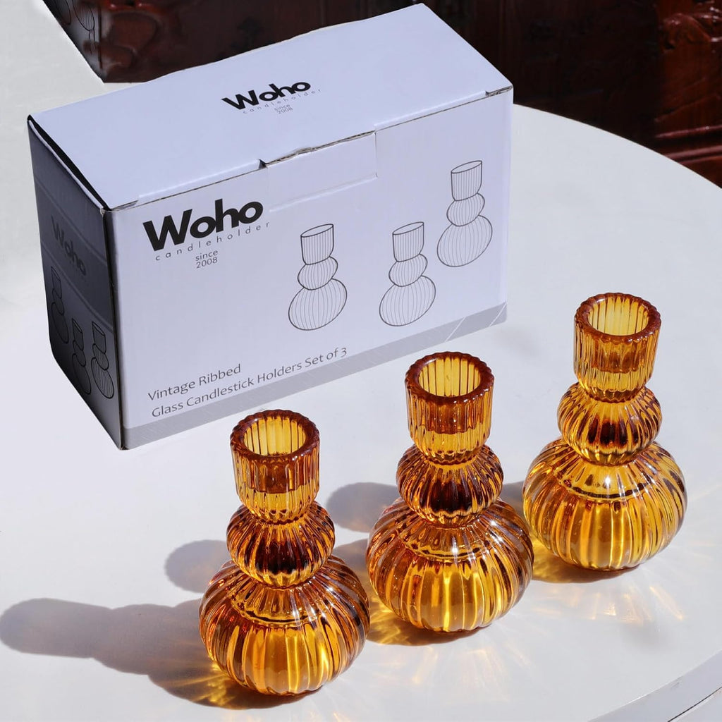 Amber Taper Candle Holders 4.3" H for Halloween/Thanksgiving Decorations Ribbed Glass Candlestick Holders - Set of 3