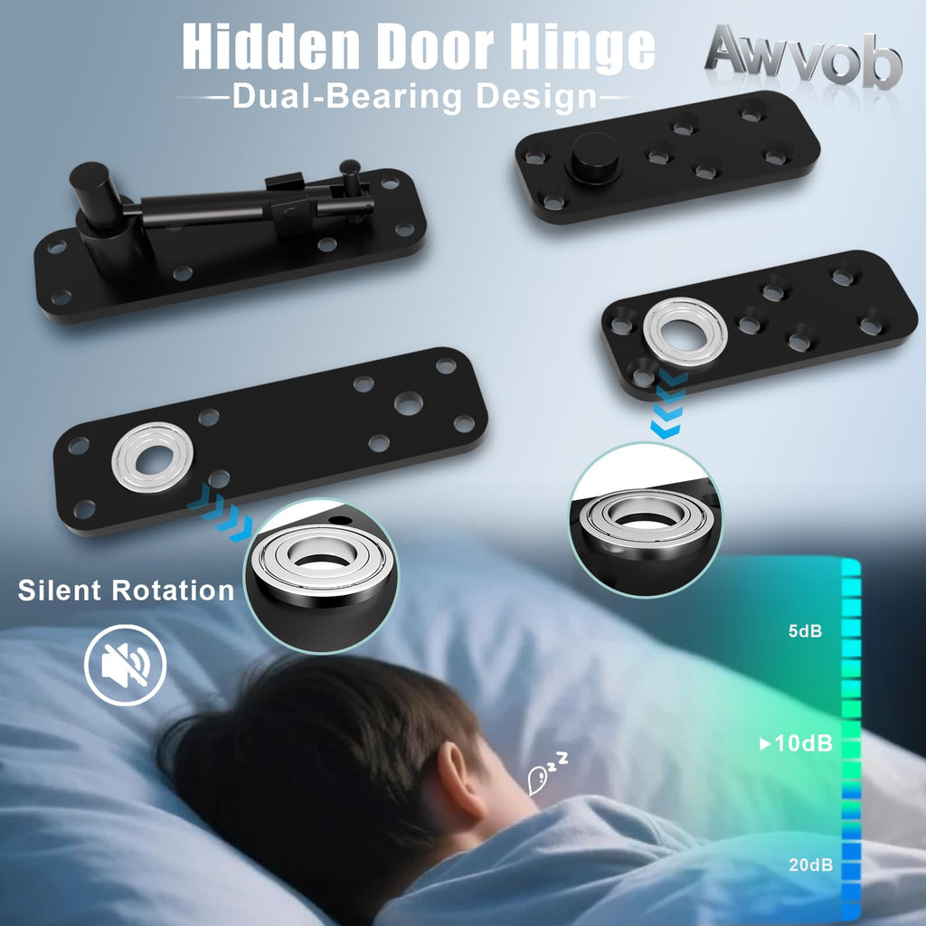 Hidden Door Hinge with Dual Bearing, Rotating Silent Design - Invisible Door Hinge Kit for Heavy Duty Secret &