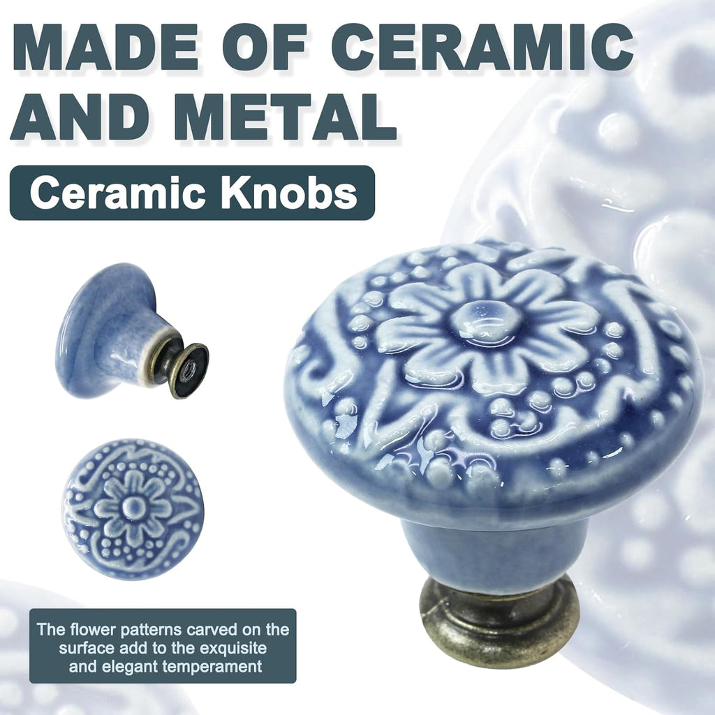 12 Pcs Light Blue Vintage Round Ceramic Cabinet Knobs and Pulls for Drawer, Cupboard, Closet Door