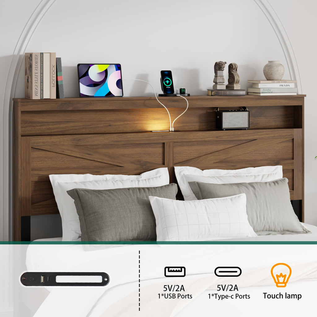 Bed Frame with Headboard, Rustic Farmhouse Wood Bed Frame with LED Lights and Charging Station, Easy
