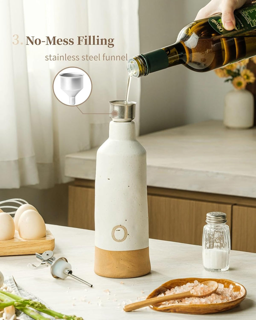 18oz Olive Oil Dispenser Bottle, Ceramic Oil and Vinegar Dispenser Set with Automatic Stainless Steel Pourer