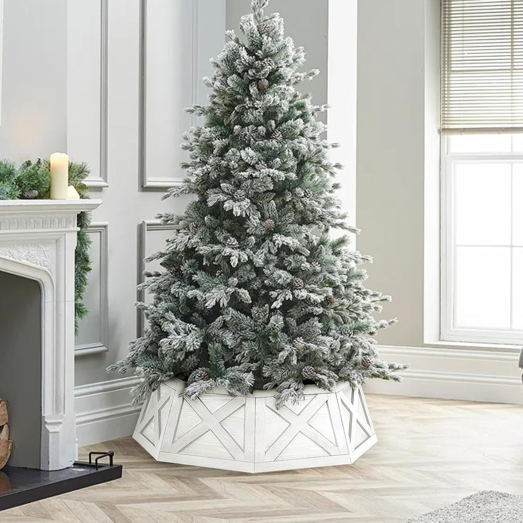 Wooden Christmas Tree Collar, 8 Panels 29'' Octagon White Christmas Tree Base Cover Decor for Artificial Tree, Rustic
