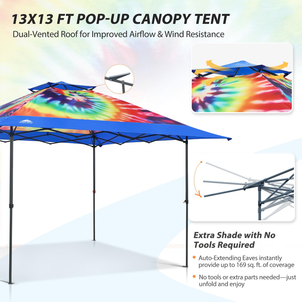 13x13 Pop Up Canopy Tent, Auto Extended Eaves, Cosmic Tie Dye