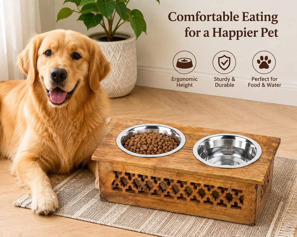 Wooden Elevated Pet Feeder Station with 2 Stainless Steel Bowls | Raised Dog & Cat Feeding Stand | Food & Water Bowl