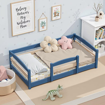 Standard Crib Size Toddler Bed, Wooden Low Montessori Floor Bed Frame with 2 Enters and Safe Guardrails for Boys and