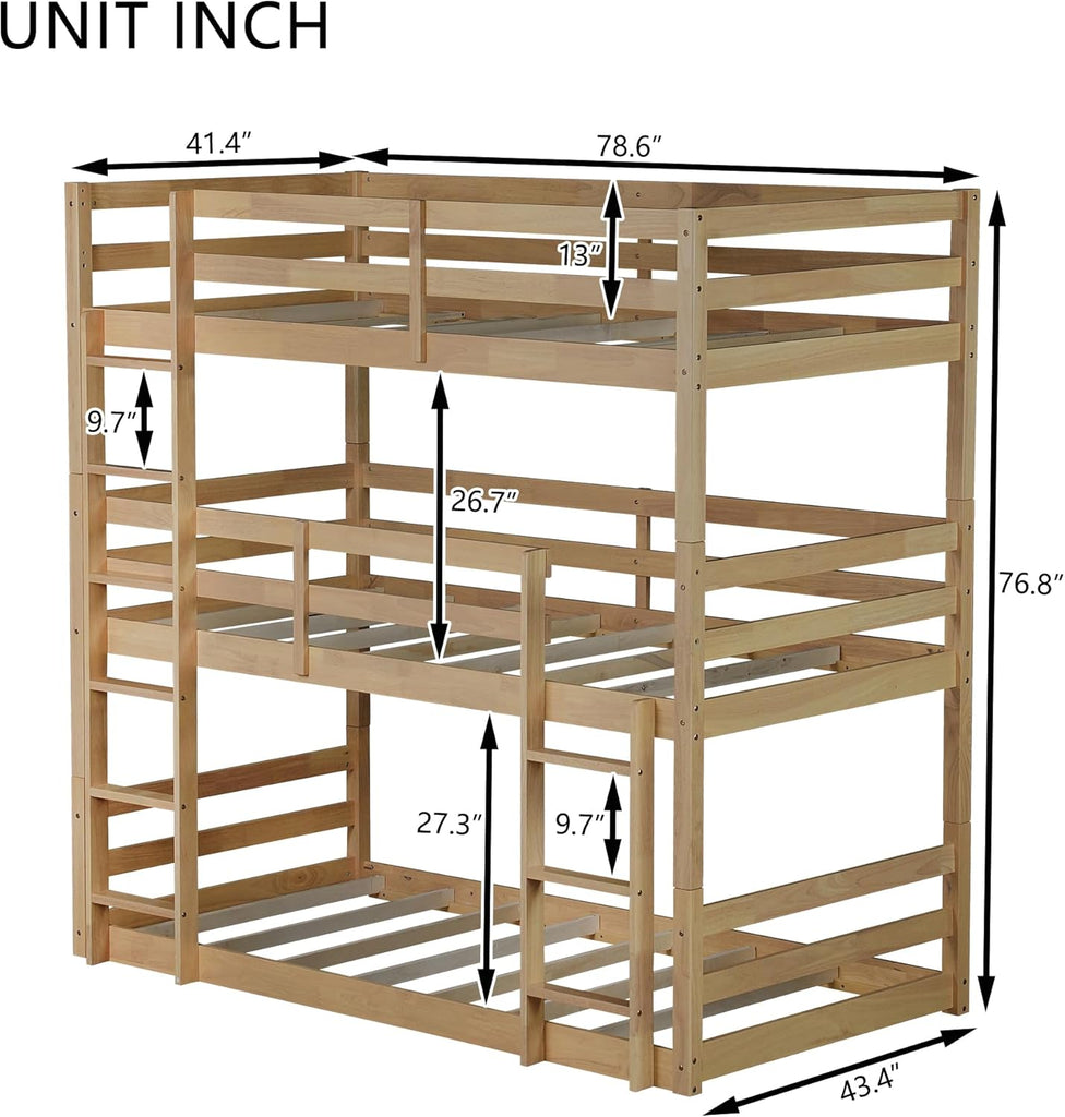 Triple Twin Bunk Bed, Solid Rubberwood 3-Tier Bed with 2 Ladders & Guardrails