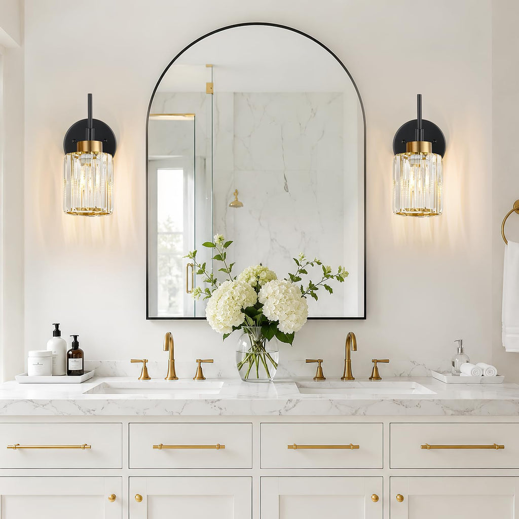 Bathroom Wall Sconces Set of 2, Black & Gold Wall Lights with Clear K9 Crystal Shades, Bathroom Light Fixtures