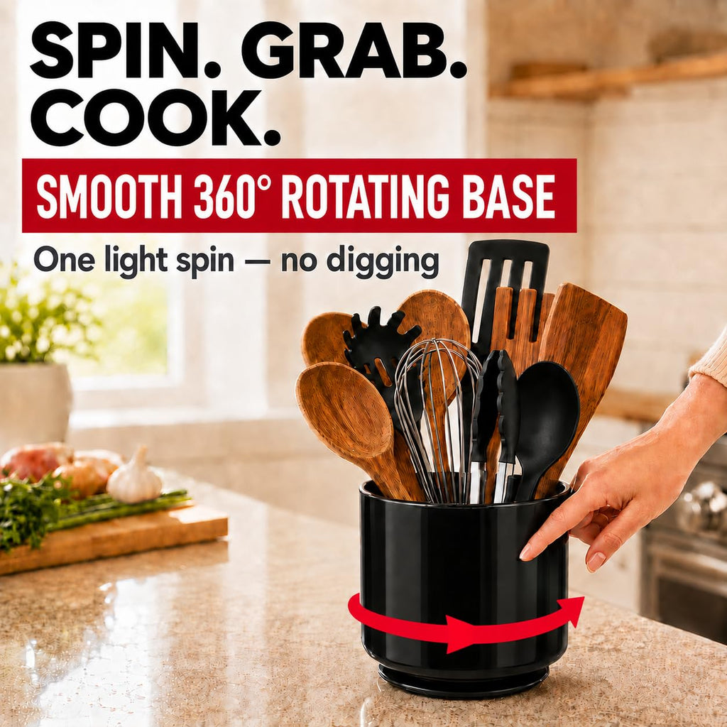 Plastic Rotating Black Utensil Holder Extra Large Kitchen Countertop Caddy