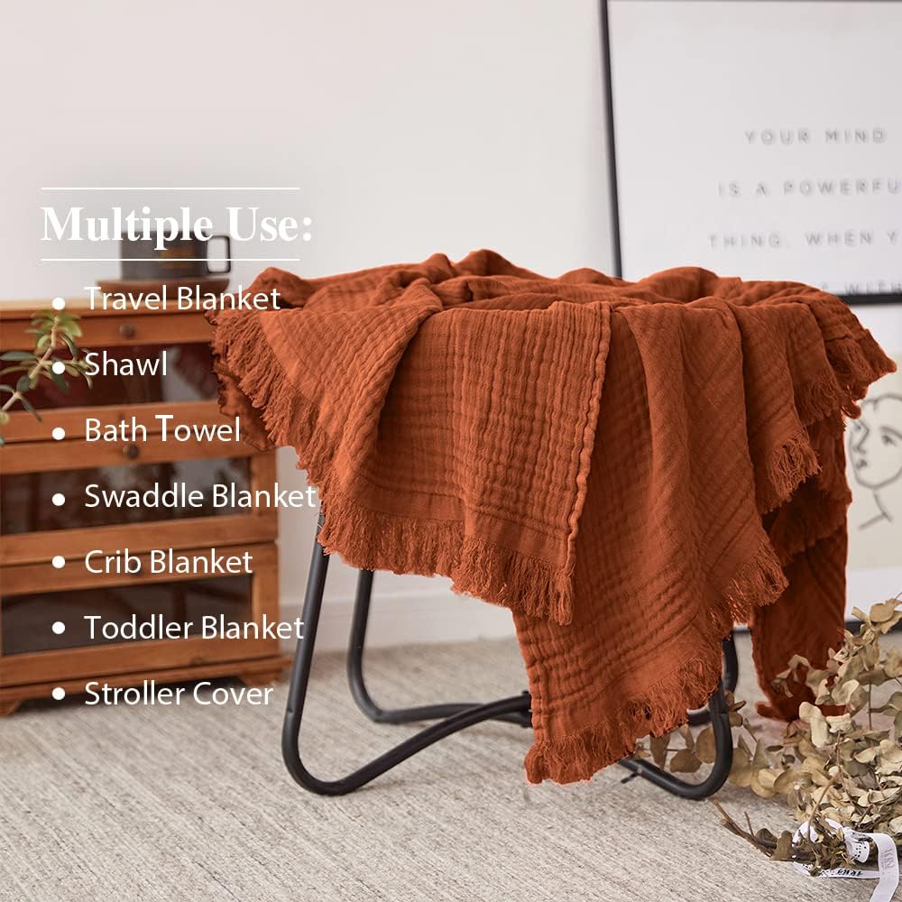 Cotton Muslin Throw Blanket, Knit Woven Gauze Blanket with Tassels, Soft Lightweight Cozy Pre-Washed Breathable