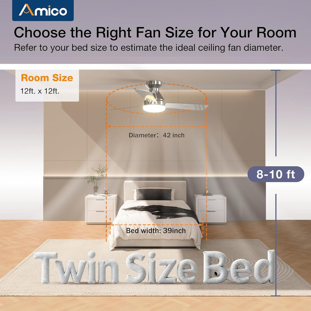 Ceiling Fans with Lights, 42 inch Low Profile Ceiling Fan with Light and Remote Control, Flush Mount, Reversible, 3CCT, Dimmable, Noiseless, Nickel Ceiling Fan for Bedroom, Indoor/Outdoor Use A102-B0C61J8S1Z