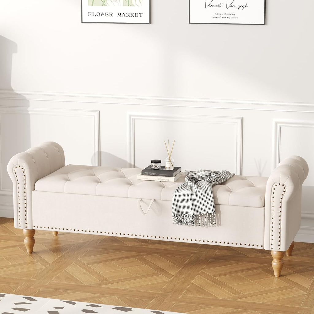 63" End of Bed Bench, Bedroom Bench with Button-Tufted, Large Upholstered Storage Ottoman Benches Entryway Bench with