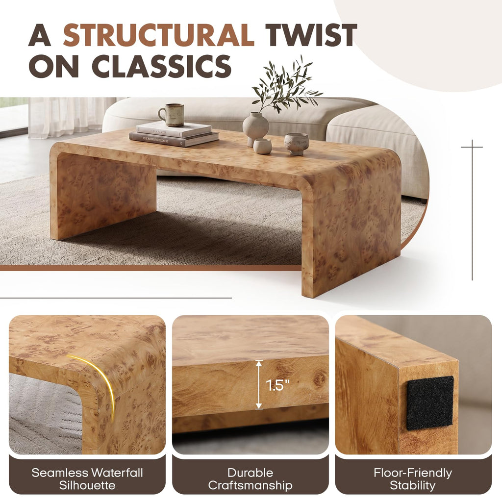 47" Burl Wood Look Coffee Table, Thick Waterfall Edge Wood