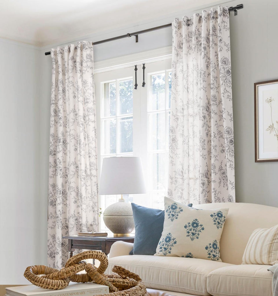 Vintage Floral Curtains 96 inches Long Botanical Patterned Curtains Sketch Print Burlap Textured Farmhouse Country