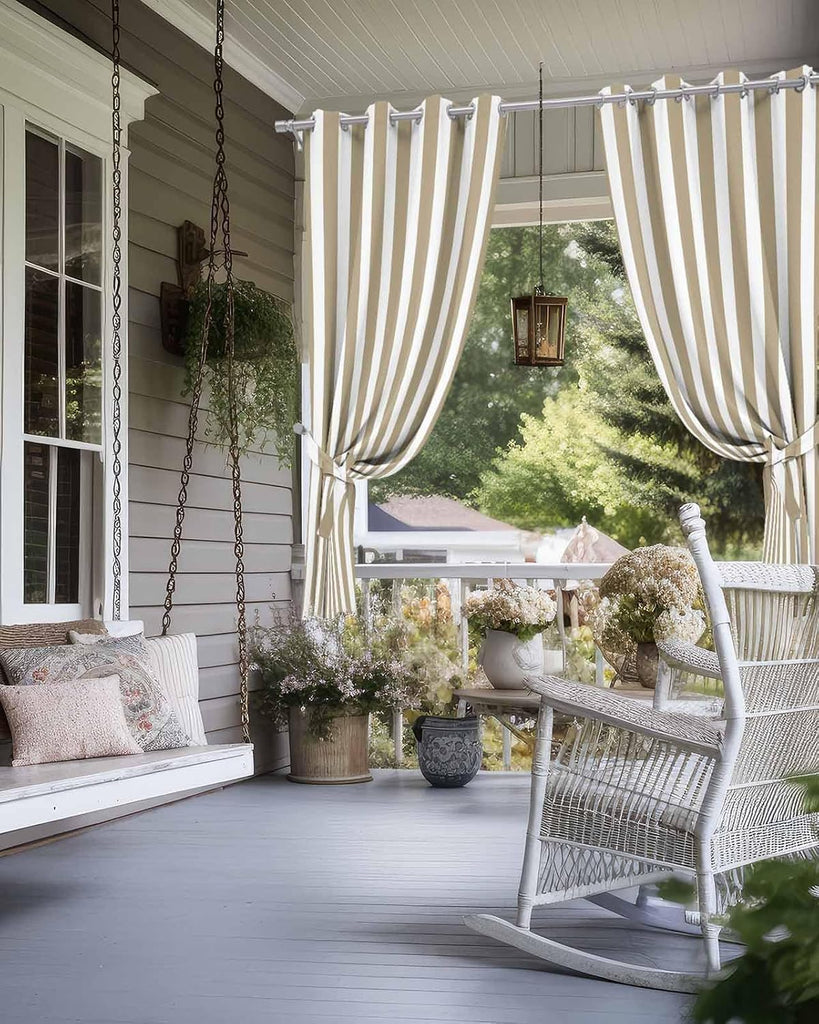 Outdoor Curtains Waterproof Khaki and White Indoor/Outdoor Curtain Tiebacks Farmhouse Stripe Privacy Curtain Sun
