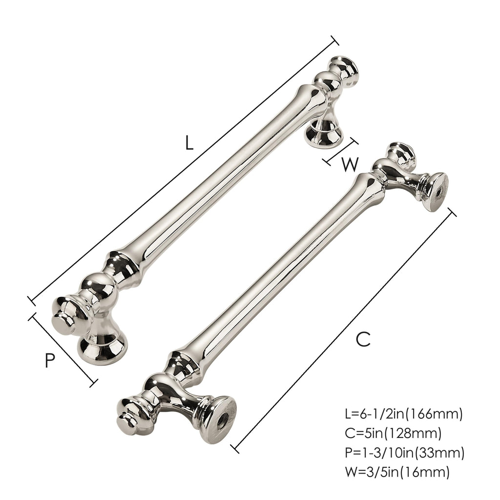 10 Pack 5 Inch(128mm) Polished Nickel Cabinet Pulls: Classic Zinc Alloy, Silver, 5" Hole Center, Ambidextrous, Easy