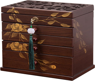 Painted Wooden Jewelry Box for Women, 6-Layer Vintage Organizer with Lock