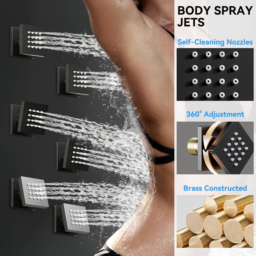 Matte Black Shower System with Body Jets, 12 Inch Rainfall Shower and Handheld Spray, Wall Mounted Full Body Shower