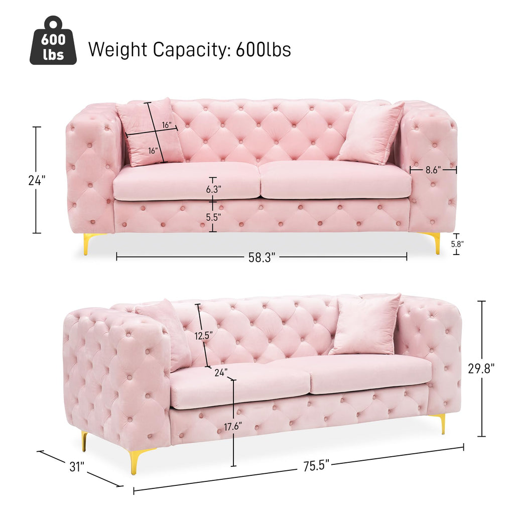 75" Mid Century Modern Sofa with Tufted Back, Gold Metal Legs, Pink