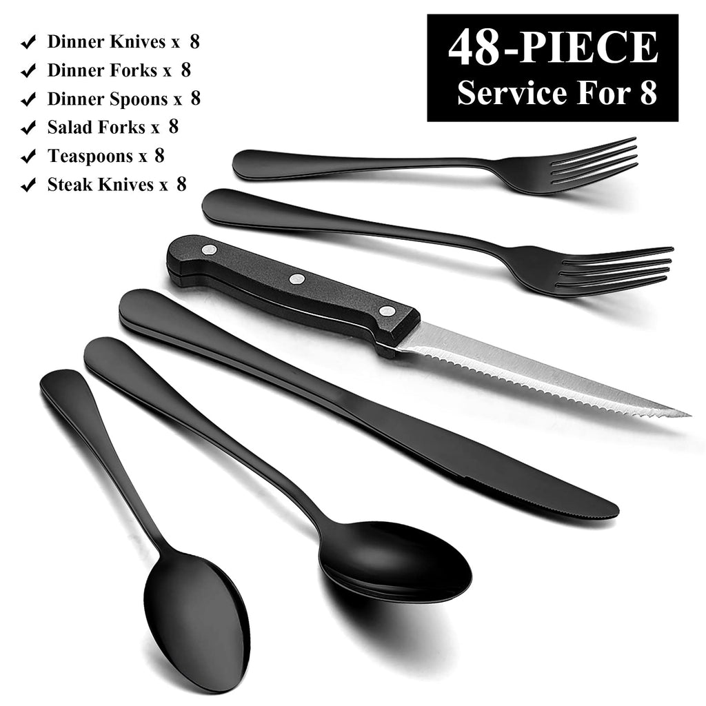 48-Piece Black Flatware Set with Steak Knives, Stainless Steel Silverware Cutlery Set Service for 8, Tableware Eating