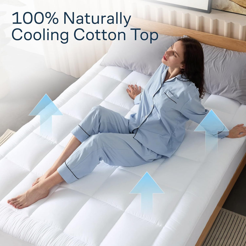 100% Cotton Top Cooling Mattress Topper - King Size | Cloud-Like Mattress Pad, Breathable, 20" Deep Pocket, Back Pain