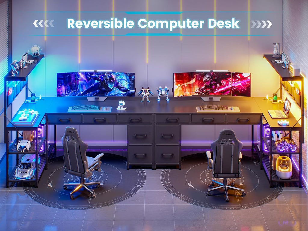 L Shaped Gaming Desk, 47.2" Reversible Small Computer Desk with 5 Drawers and Storage Shelves, Corner Gaming Desk