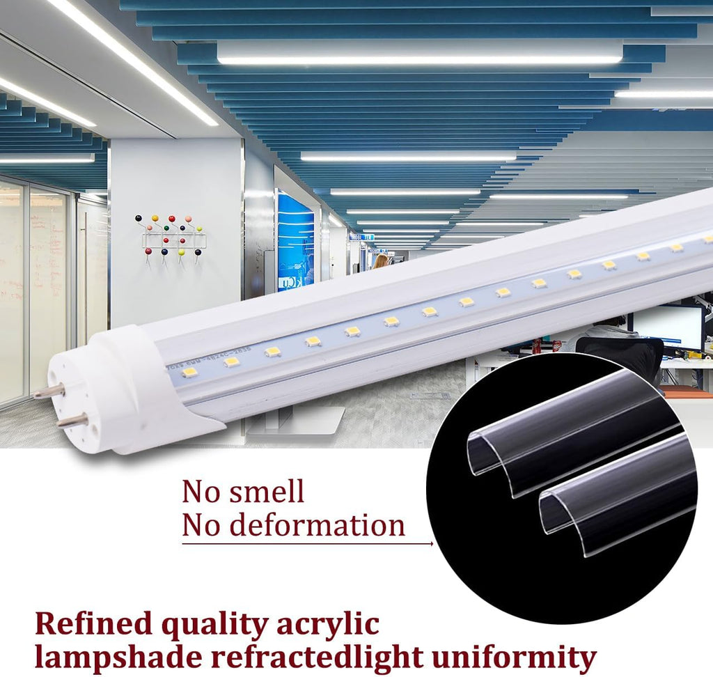 T8 LED Tube G13 Base, 4FT 24W 6000K Daylight White, Clear Cover, Flicker-Free LED Fluorescent Light Replacement