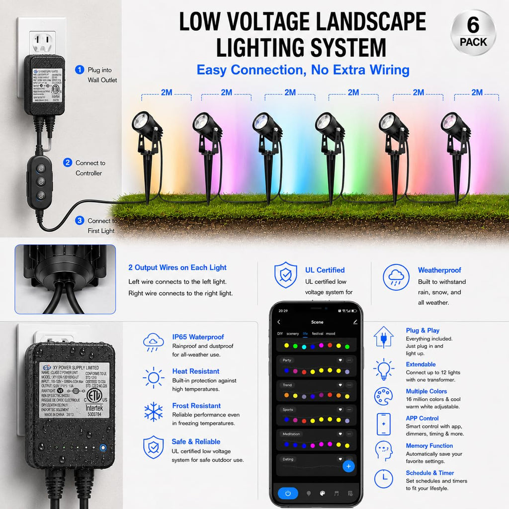 Low Voltage Landscape Lighting, Smart Outdoor Spot Lights 6 Pack