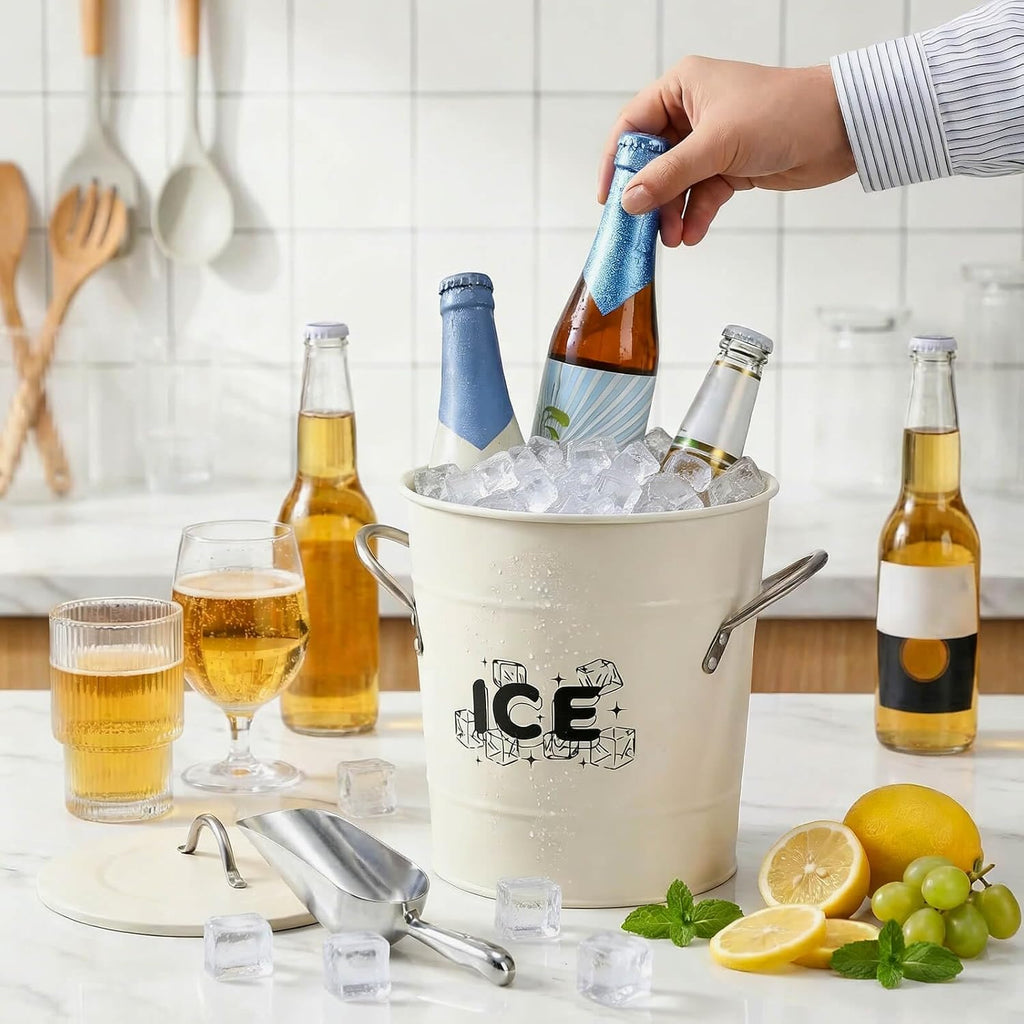 4L Ice Bucket with Scoop and Lid, White Galvanized Steel Beverage Tub with Handles, Double Wall Insulated Wine